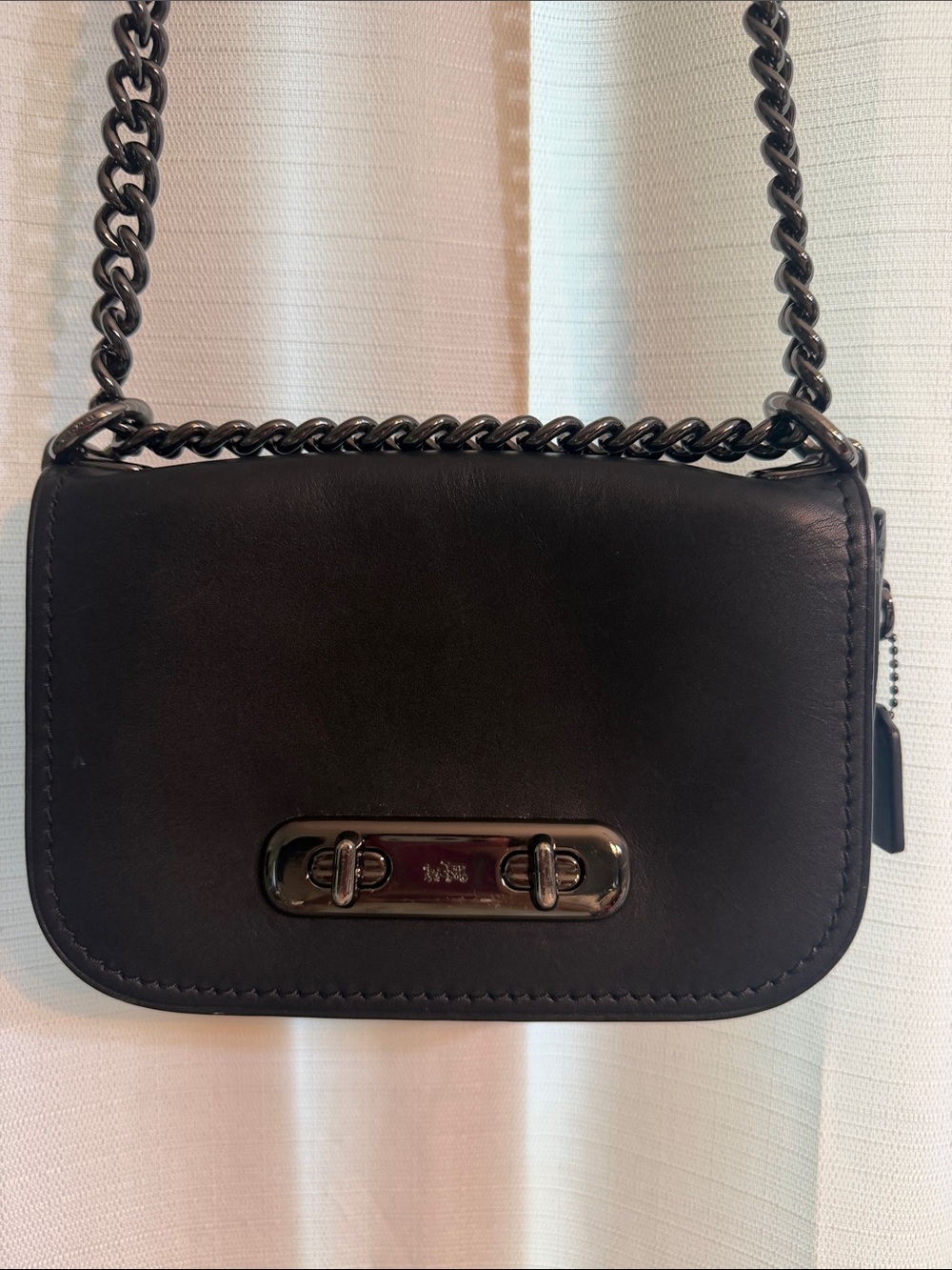 Coach Black Leather Mini Crossbody with Gunmetal Chain